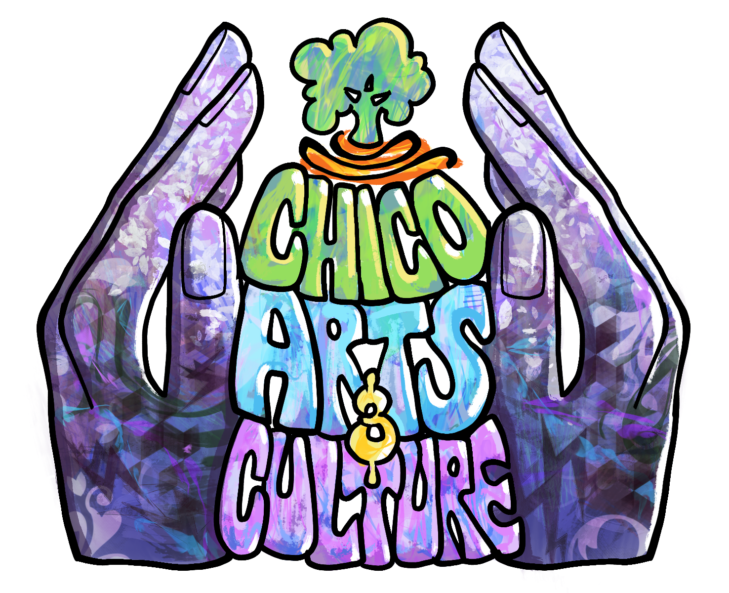 Illustration of the Our Hands sculpture surrounding the words "Chico Arts and Culture" in a stylized text. 