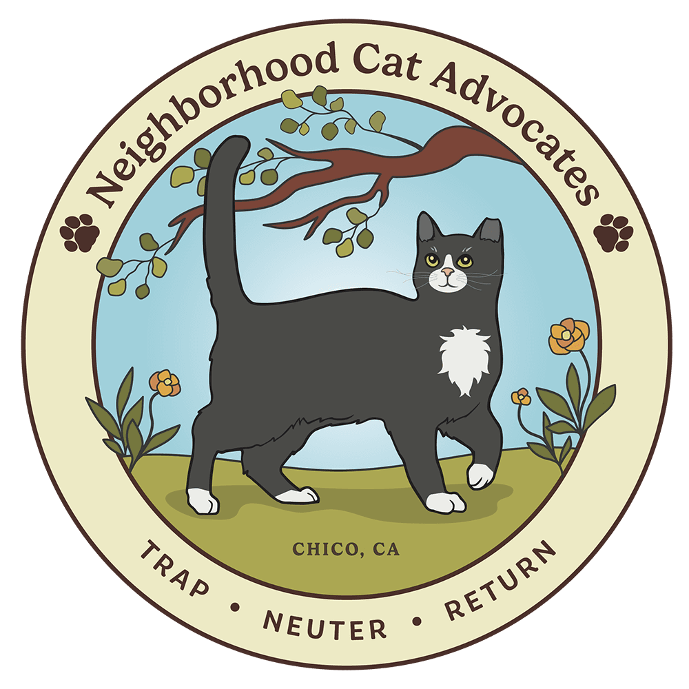 Neighborhood Cat Advocates logo with gray cat and text "trap, neuter, return"