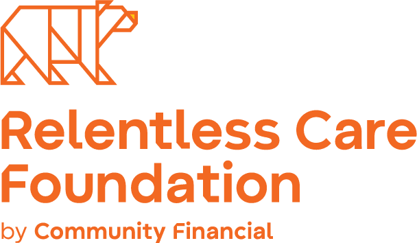 The Relentless Care Foundation logo features a dark purple origami bear with an orange nose to guide the way forward.