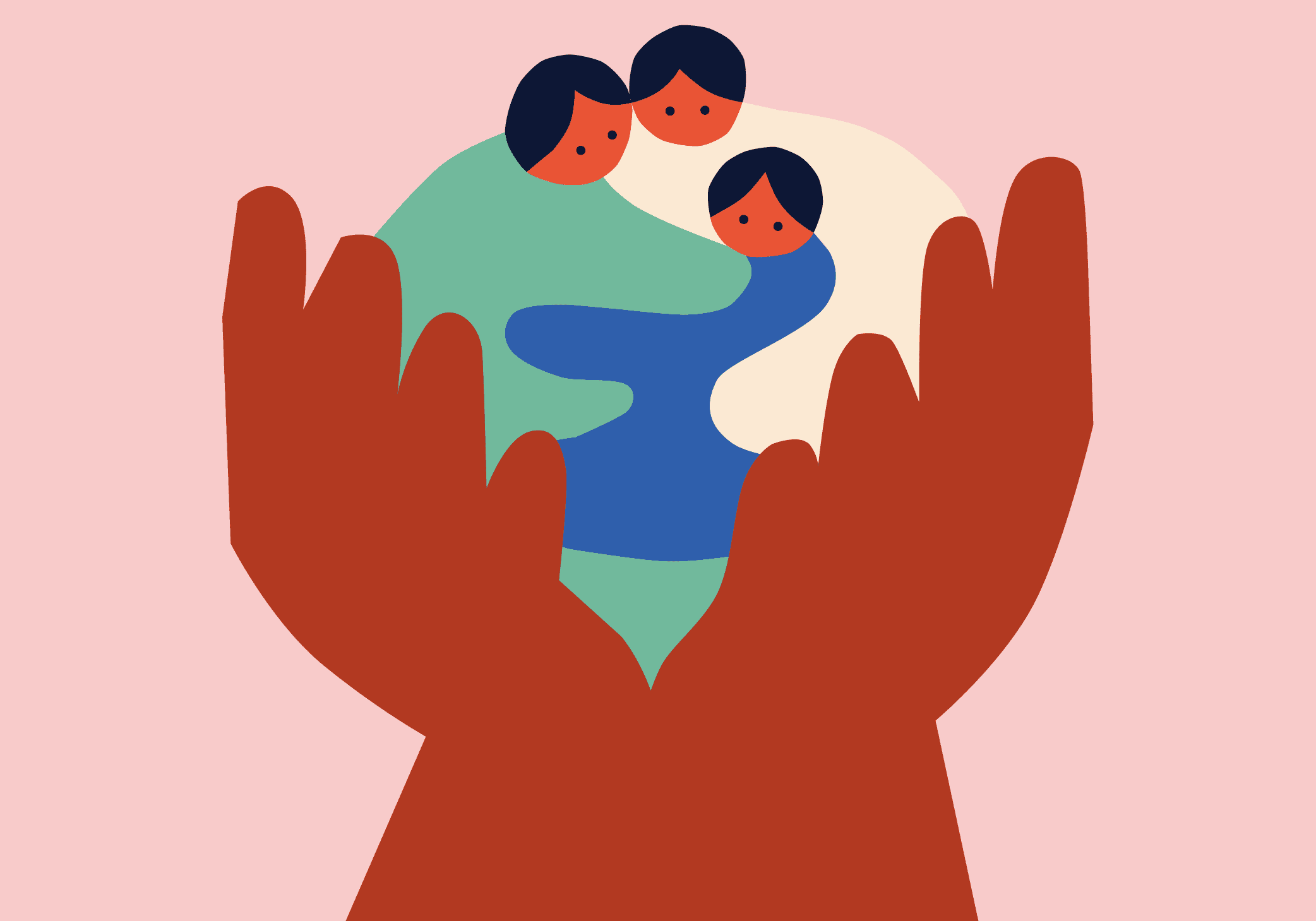 An illustration where a family consisting of two adults and one child hug each other inside of a large pair of hands that holds them all.