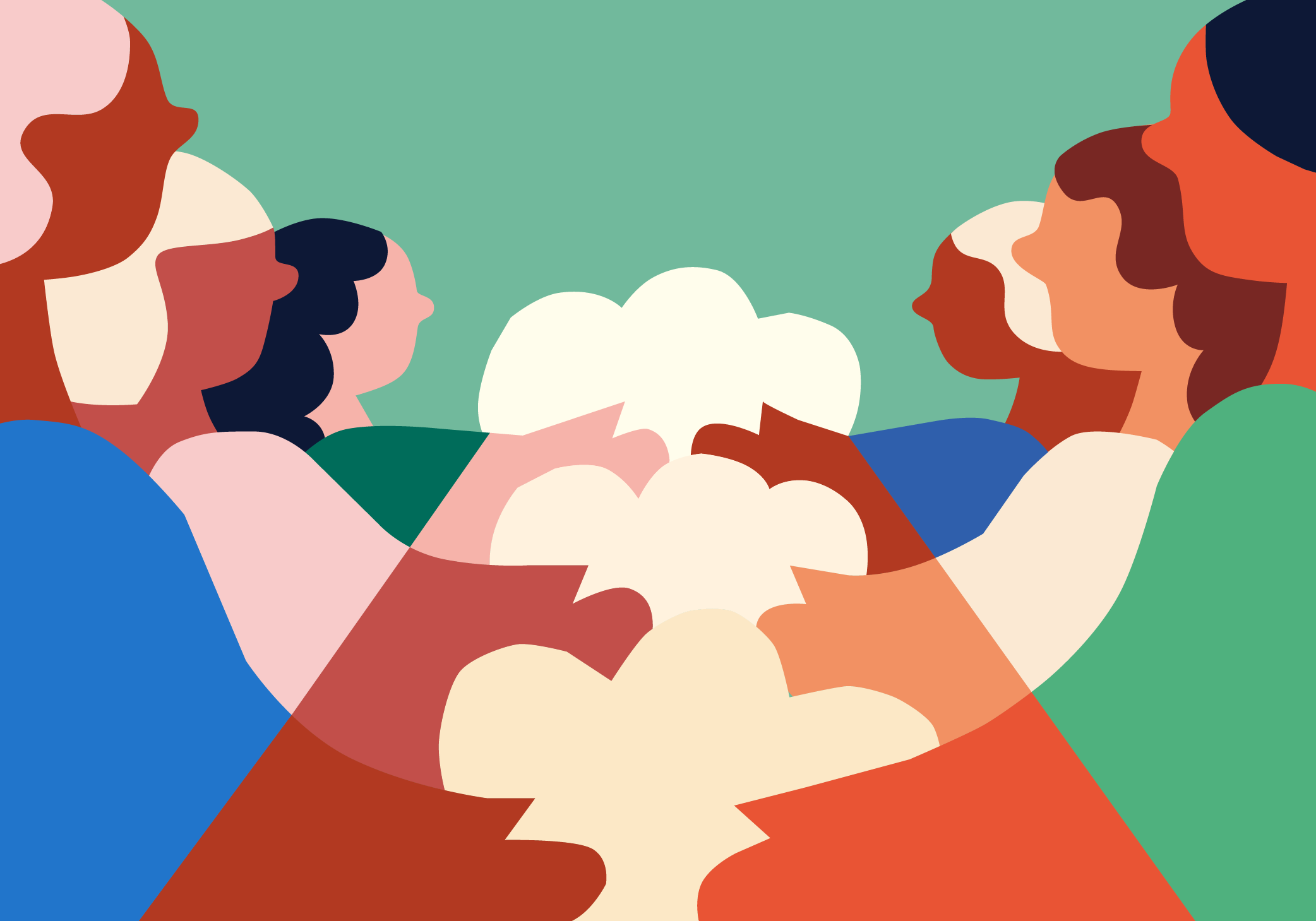 An illustration from a bird's eye view of four people locking arms with each other to form a circle. It is made of simple, colorful shapes.