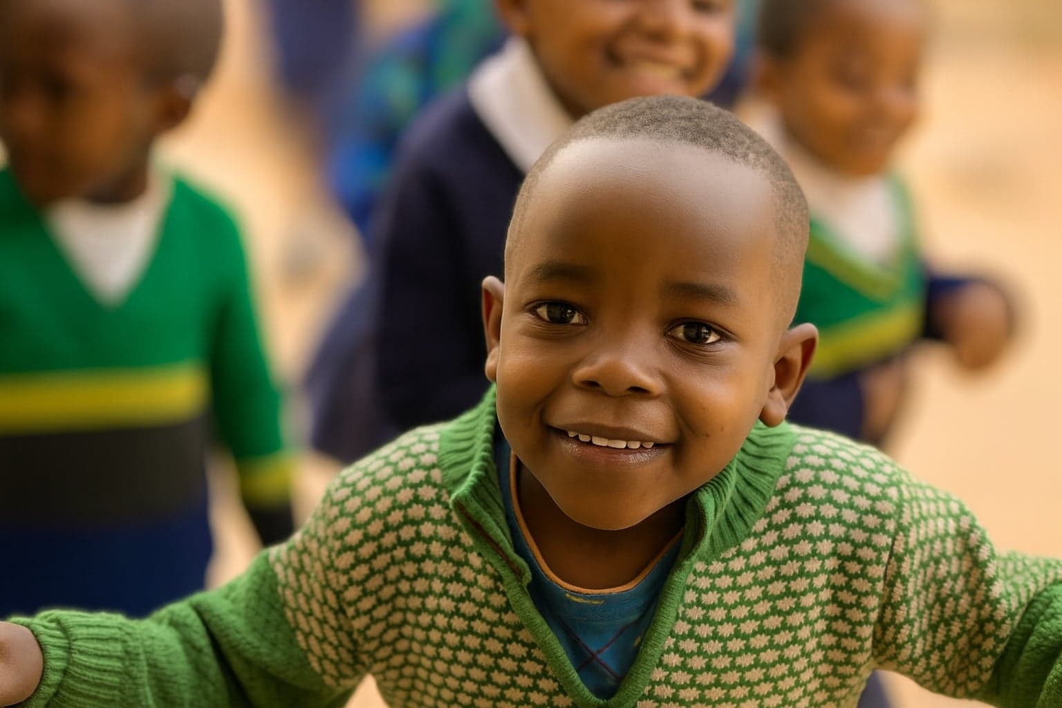 Joyful child in a green sweater smiling warmly as he reaches forward, surrounded by friends during a community outreach moment in Tanzania