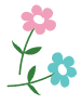 Illustration of two blooming flowers—one pink and one teal—with green stems and leaves.