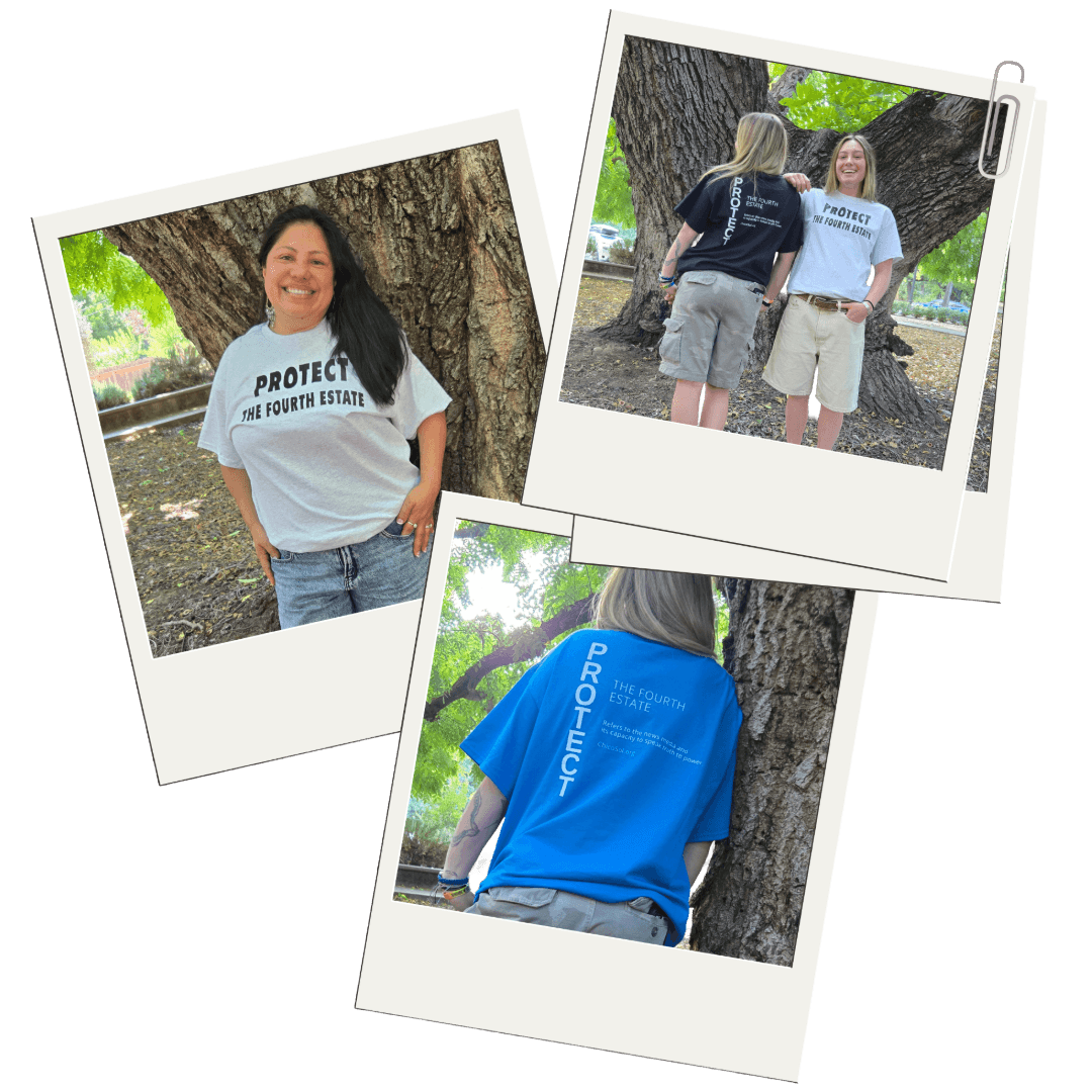 Collage of photos with models wearing the "Protect the Fourth Estate" shirts in the colors grey and black.